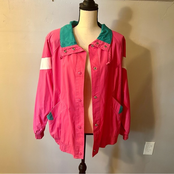 Vintage Jackets & Blazers - 80's 90's Lightweight Pink Snap Button Jacket PInk Green White Purple Large Mint